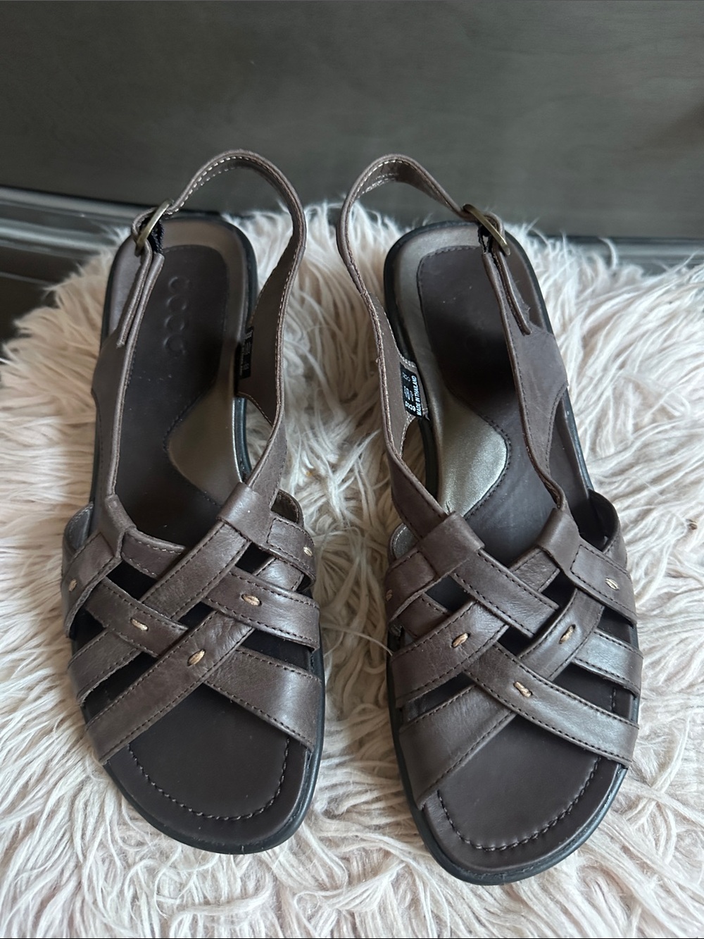 Ecco Women's Dark Brown Leather Woven Slingback Sandals